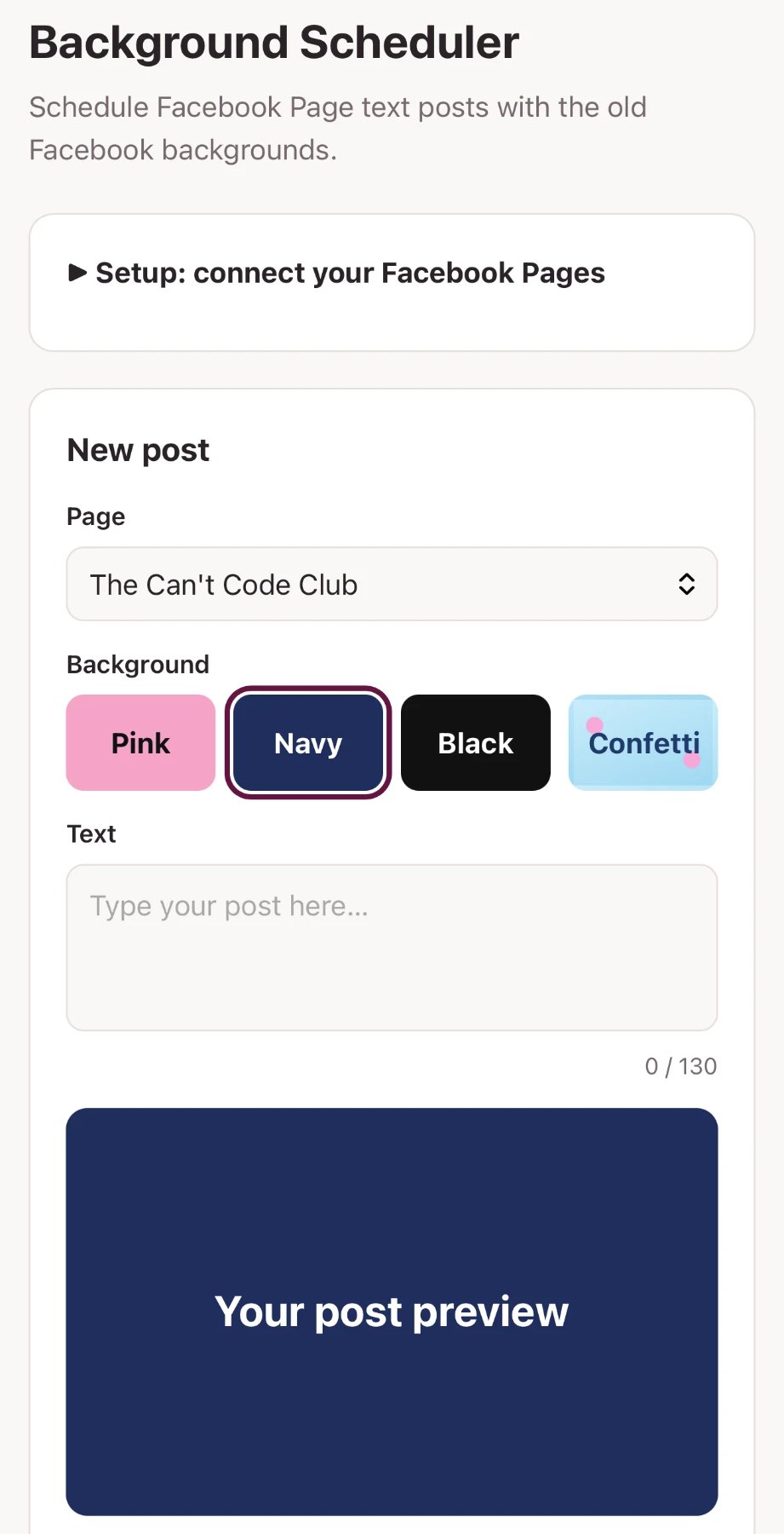 Claire's Background Scheduler app, with pink, navy, black and confetti backgrounds