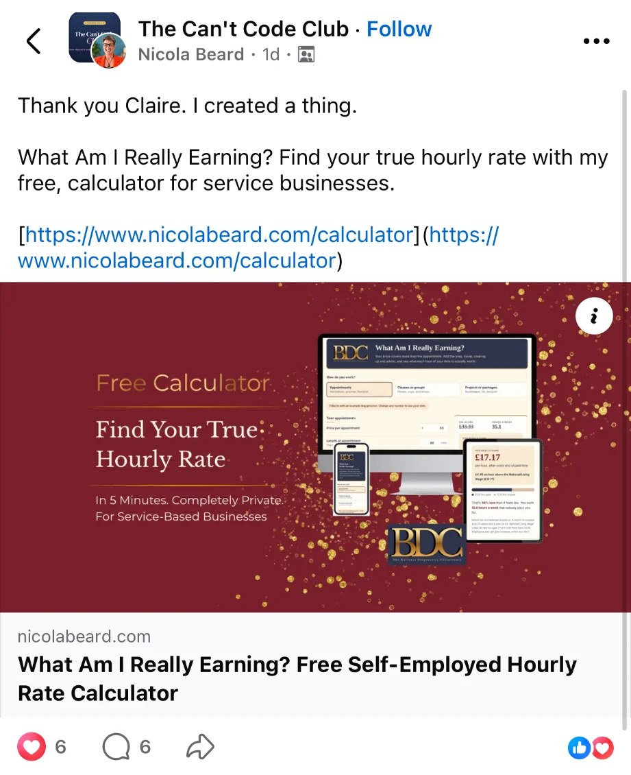 Nicola's post in The Can't Code Club group about her hourly rate calculator