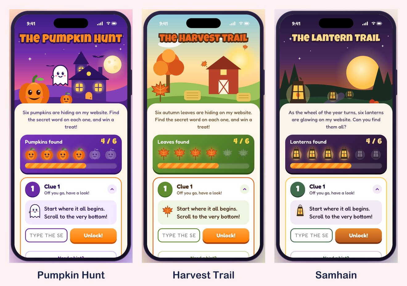 The Pumpkin Hunt, the Harvest Trail and the Samhain lantern trail on a phone